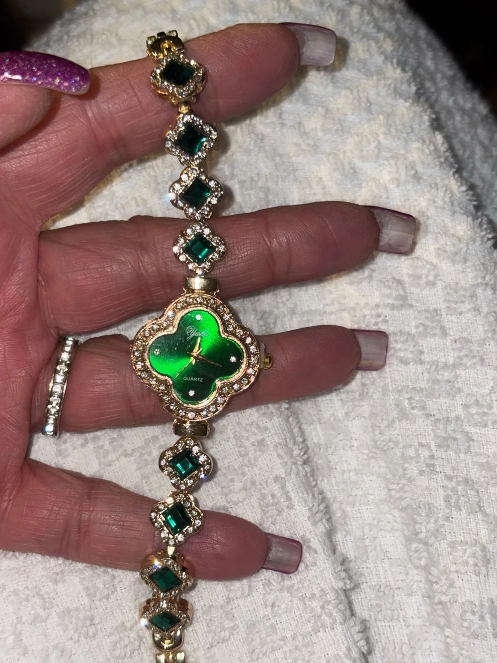 Watch-Emerald Green simulated 4 Leaf Clover GOLD TONE Watch Diamond like Bracel